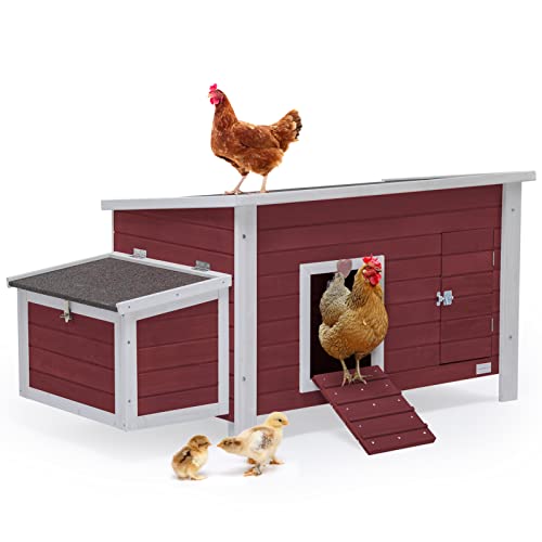 Petsfit Large Chicken Coop with Upgraded Perches, Wooden Outdoor Chicken Cage with Large Nesting Box, Weatherproof Open Asphalt Roof, and Removable Bottom for Easy Cleaning - color: Red