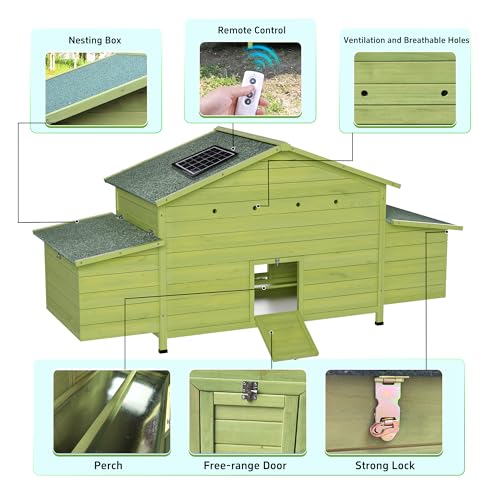 70" Automatic Chicken Coop with Solar-Powered Door & Remote – Smart Outdoor Hen House with Timer & Light Sensor, Solid Wood Poultry Cage with 2 Nesting Boxes, Ventilated Design & Pull-Out Tray