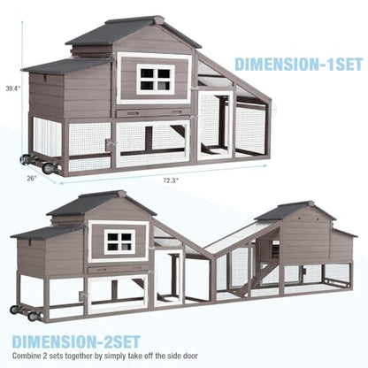 Large Chicken Coop with Run, Mobile Chicken Tractor with Wheels, Wooden Hen House with Waterproof Roof, Nesting Box and Pull-Out Tray, Poultry Cage for 4 Chickens, Rabbit/Bunny Hutch (Brown) - color: Brown