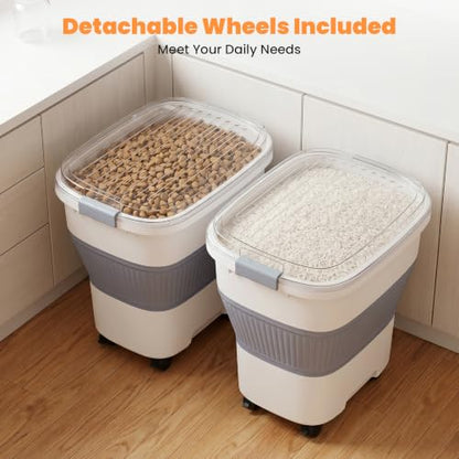 50 Lbs Rice Storage Container with Wheels, Collapsible Airtight Rice Holder with Transparent Lid, Measuring Cup, Scoop, Handle, BPA Free Food Storage Container for Pet Food, Grain, Bird Seed - color: Clear/50lbs