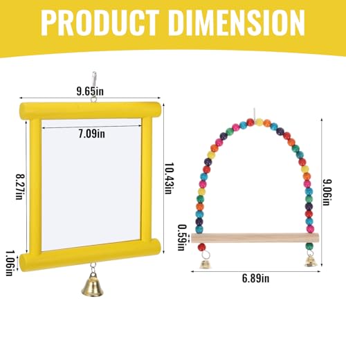 Chicken Mirror Toys Extra Large Chicken Enrichment Toys for Coop 10.6 x 10 Inch Wooden Hanging Swing Mirror with Bell Yellow Coop Pecking Accessories Molar Stones