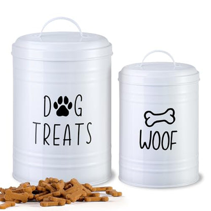 Dog Treat Container Airtight, Dog Treat Jar Set of 2 with Lid - 9x5.5''&7x4'' Metal Dog Cookie Jar for Farmhouse Kitchen Counter, White Pet Treat Container, Dog Treat Storage Container for Dogs, Cats - color: Circle-White