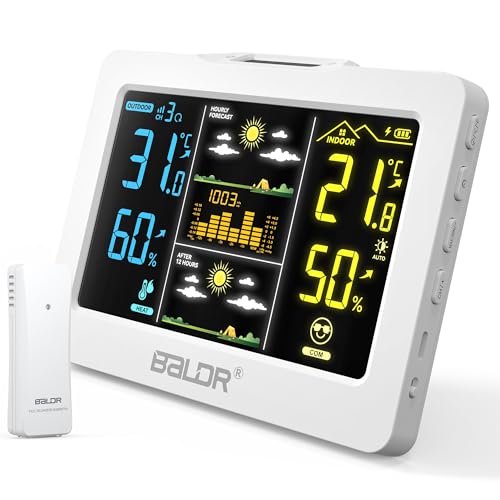 Wireless Weather Station with Outdoor Sensor, Indoor Outdoor Thermometer Hygrometer, HD Color Display, Smart Backlight, Rechargeable Battery Temperature Humidity Monitor - color: White