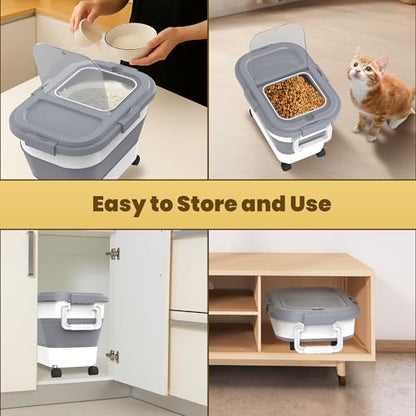 HOYTAMDA 20-30Lbs Rice Container,Collapsible Airtight Food Storage Containers with Wheels,Handle,Rice Storage Container with Small Bin and Scoop - color: Grey/20-30lbs