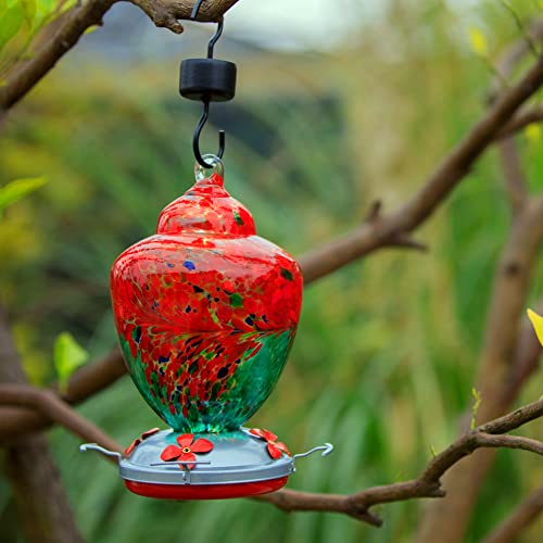 REZIPO Hummingbird Feeder with Perch - Hand Blown Glass - 38 Fluid Ounces Hummingbird Nectar Capacity Include Hanging Wires and Moat Hook (Red-Green) - color: Red-green