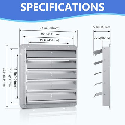 20 Inch Galvanized Shutter Exhaust Louver Vent, Automatic Gravity Shutter Louver Vent for Home Attics, Workshops, Barn, Greenhouse (Motor&Blades are not Included) - size: 20 Inch