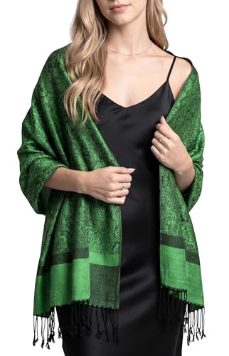 Achillea Two-Tone Vintage Paisley Pashmina Scarf – Lightweight Wrap & Shawl for Dresses, Weddings, Travel, All Seasons - color: Kelly Green