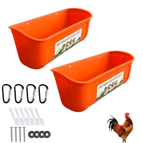 2 Pack Wall Mounted or Hanging Feed Trough, Anti-waste Lightweight Feeder Trough Chickens, Movable Poultry Water Troughs for Sheep/Dog(Orange) - color: Orange
