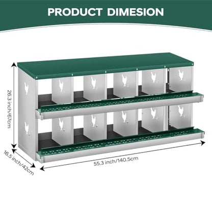 Garvee Chicken Nesting Box, 10 Compartments Nesting Box for Chickens, Galvanized Steel Chicken Laying Box for Easy Egg Collection, Wall Mounting - color: Green | 10 Compartment