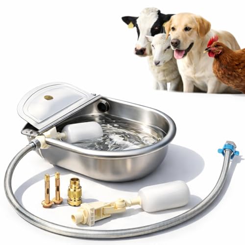 Automatic Animal Drinking Water Bowl with Float Valve, 304 Stainless Steel Auto-Filling Waterer Kit with Bowl, Pipe, 2 Valves, Quick Connect Adapter, Mounting Bolts for Livestock, Farm, Pet Use