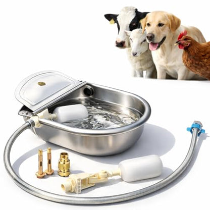 Automatic Animal Drinking Water Bowl with Float Valve, 304 Stainless Steel Auto-Filling Waterer Kit with Bowl, Pipe, 2 Valves, Quick Connect Adapter, Mounting Bolts for Livestock, Farm, Pet Use