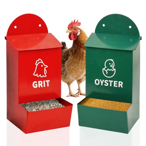 Rustproof Chicken Grit and Oyster Shell Feeder 2 Pack, Heavy Duty Metal Poultry Feeders for Coop or Fence, Rainproof Dual Compartment Wall Mounted Feeder for Outdoor Chicken Coops