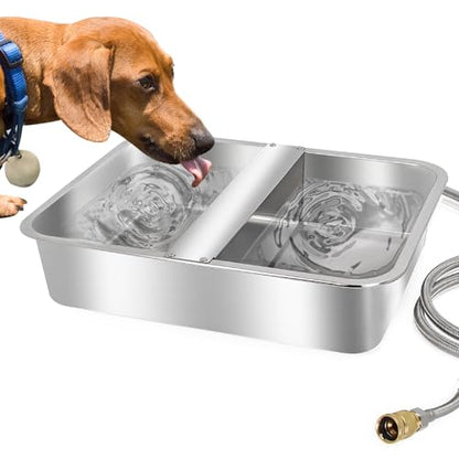Automatic Water Dispenser for Dogs Livestock Water Trough 4 Gal Large Size Stainless Steel Waterer Feeder Outdoor Automatic Dog Water Bowl with Float Valve and 6.56 ft Water Hose Kit
