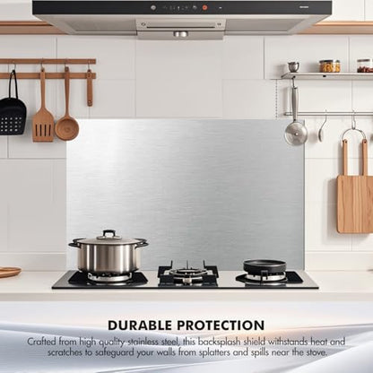 Micmi 24" x 30" Stainless Steel Backsplash for Stove, Reversible Flat Metal Guard Range Hood Wall Shield for Kitchen, Easy Clean and Installation with Four Pre Drilled Holes - style: Range Hood Wall Backsplash