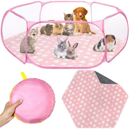 VitalCozy Hamster Playpen with Mat Small Animal Cage Tent Breathable Transparent Guinea Pig Playpen Waterproof Portable Yard Fence Mat Foldable Exercise Playpen Outdoor Indoor (Pink,Star) - color: Pink