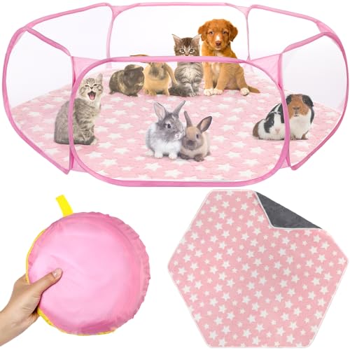 VitalCozy Hamster Playpen with Mat Small Animal Cage Tent Breathable Transparent Guinea Pig Playpen Waterproof Portable Yard Fence Mat Foldable Exercise Playpen Outdoor Indoor (Pink,Star) - color: Pink