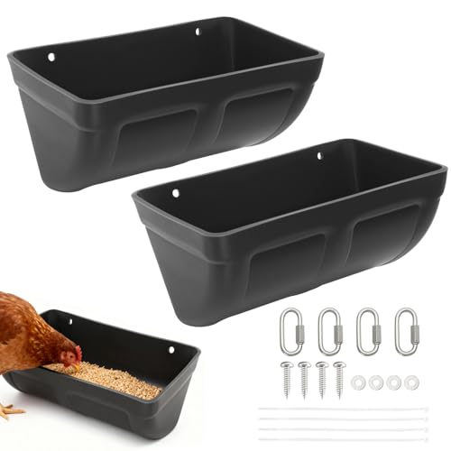 2 Pack Hanging Chicken Feeder Trough for Goat,Sheep,Dog.Livestock Feeding Container Goats Supplies Feeders Waterer Bucket (Black) - color: Black