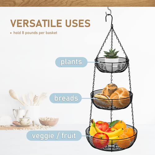 CAXXA 3-Tier Hanging Basket Fruit Organizer Kitchen Heavy Duty Wire Organizer with 2 Free Bonus Metal Ceiling Hooks, Black - color: Black