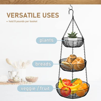 CAXXA 3-Tier Hanging Basket Fruit Organizer Kitchen Heavy Duty Wire Organizer with 2 Free Bonus Metal Ceiling Hooks, Black - color: Black