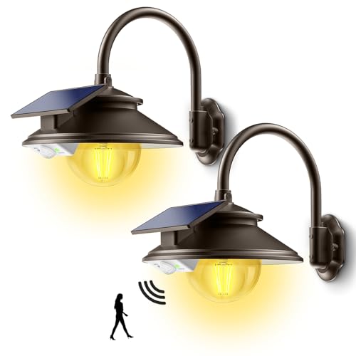 SIEDiNLAR Solar Barn Light Outdoor 3 Modes 2 Lighting, Garage Shed Light Gooseneck Farmhouse Wall Light Waterproof with Remote/Motion Sensor for Garage Barn Shed Chicken Coop Dark Bronze (2 Pack) - color: Dark Bronze, size: 2 Pack