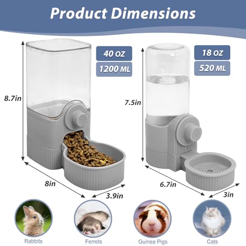 Fhiny Rabbit Food & Water Dispenser, Large Capacity Gravity Guinea Pig Feeder and Waterer Set Hanging Automatic Bunny Feeder for Cage for Bunny Guinea Pig Chinchilla Ferret Cat Puppy - color: Grey