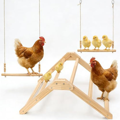 3PCS Chicken Coop Toys Set - Chicken Perch & Chicken Swing，Natural Wood Chicken Coop Accessories for Hens Poultry Rooster Bird Parrot
