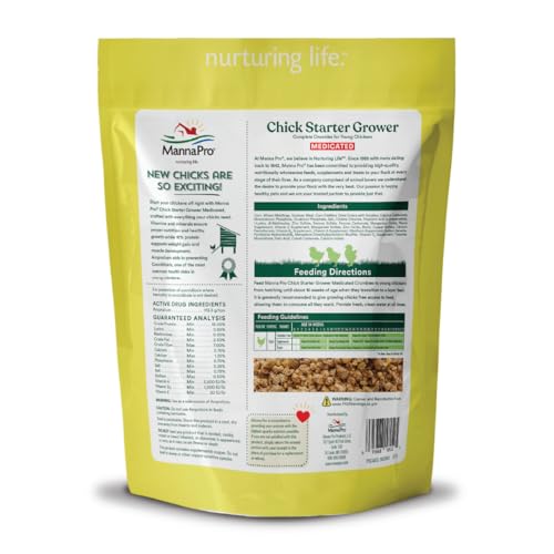 Manna Pro Medicated Chick Starter Grower, Crumbled Chick Feed with Amprolium, Complete Nutrition for Young Chickens, Supports Healthy Growth and Coccidiosis Prevention, 6-Pack of 5 lb Bags - size: 5 Pound (Pack of 6)