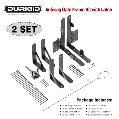 Wood Fence Gate Kit Gate Kits, Gate Frame Kit with Gravity Gate Latch, Wood Gate Hardware, Heavy Duty Fence Gate Kit with Corner Brace Brackets, Gate Kit for Wooden Fence, Black, 2 Set