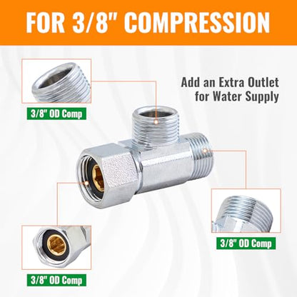 SUNGATOR 3/8 Inch Compression Tee, 3 Way Water Line Splitter, Add-A-Tee Valve 3/8 Inch Inlet x 3/8" Outlet x 3/8” Outlet, No Lead Brass Compression Splitter (2-Pack) - style: 3/8 Add-A-Tee Chromed