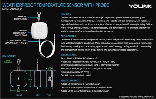 YoLink Weatherproof Fluid, Air, Surface Extreme High/Low Temperature Sensor with Probe, 1/4 Mile Long Range, YoLink Hub Required - size: 2-Year Battery