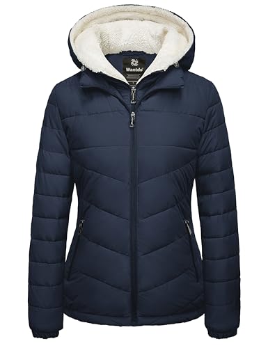wantdo Women's Quilted Winter Coats Hooded Warm Puffer Jacket with Fleece Hood - color: Navy, size: Medium