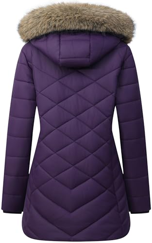 Women's Long Warm Winter Coat Windproof Thickened Fleece Lined Down Jacket Waterproof Puffer Outerwear with Removable Hood - color: Purple, size: Medium