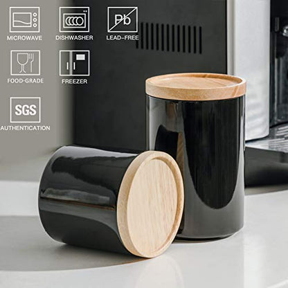 Sweejar Kitchen Canisters Ceramic Food Storage Jar, Stackable Containers with Airtight Seal Wooden Lid for Serving Ground Coffee, Tea, Sugar, Salt and More - 16 Fl Oz (Black) - color: Black, style: 16 Fl Oz (4.1"x4.4")