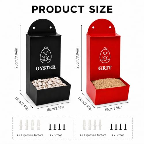 Chicken Feeder 2 Pack, Metal Wall-Mounted Automatic Feeder for Oyster Shell & Grit, No-Spill Heavy-Duty Chicken Coop Accessory, Feed Dispenser for Backyard Poultry