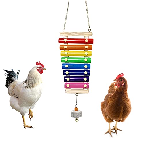 Chicken Xylophone Toy for Hens Suspensible Wood Xylophone Toy with 8 Metal Keys Chicken Coop Pecking Toy with Grinding Stone (Rainbow Color)