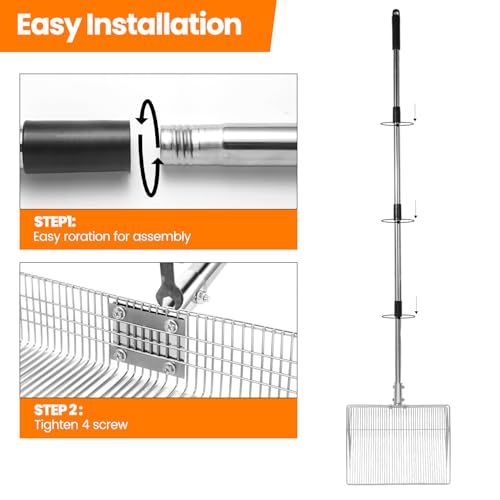 12 inch Chicken Poop Scooper, 4 in 1 Adjustable Chicken Coop Pooper Shovel (24 to 68"), Stainless Steel Sifting Litter Shovel Scoop for Chicken Coop/Goat Stall/Stable Cleaning