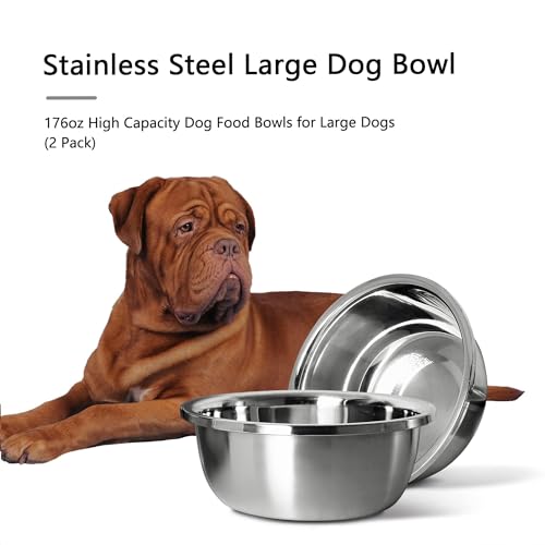Stainless Steel Large Dog Bowl Set of 2, with 176 oz (24cup) High Capacity Metal Dog Food Bowls,Desirable Water and Food Bowls for Large, X-Large, and Giant Dogs,Heavy Duty, BPA-Free