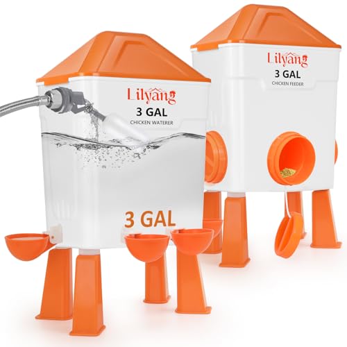 Lilyang Automatic Chicken Waterer & Feeder 3 Gallon, Auto-Refill Chicken Waterer with Float Valve, Anti-Spill Feeder & Leak-Proof Cups, End Daily Refilling & Mess, Standing or Hanging Use - color: Bright Orange