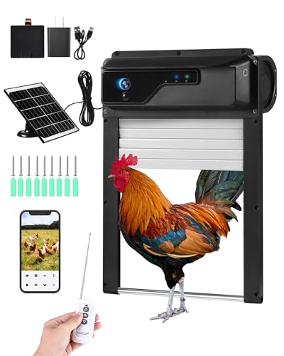 Automatic Chicken Coop Door with HD Camera, Solar Powered, 5000mAh Battery, WiFi App Remote Control & Timer, Night Vision, Anti-Pinch Sensor, Motion Alarm for Poultry Coop (Black)