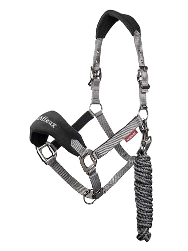 LeMieux Vogue Fleece Headcollar - Halter & Leadrope - Extra Padding, Adjustable at Curb and Poll Strap - color: Black / Grey, size: Pony