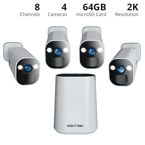 Night Owl 8 Channel Wi-Fi Video Home Security Hub with (4) Battery-Powered Wi-Fi 2K HD Indoor/Outdoor Spotlight Cameras with 2-Way Audio and 64GB microSD Card (Expandable up to 8 Cameras)