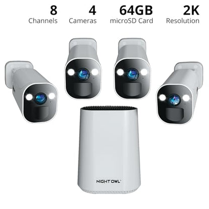 Night Owl 8 Channel Wi-Fi Video Home Security Hub with (4) Battery-Powered Wi-Fi 2K HD Indoor/Outdoor Spotlight Cameras with 2-Way Audio and 64GB microSD Card (Expandable up to 8 Cameras)