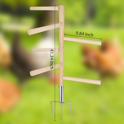 Kalekey Extra Large Chicken Perch Toy for Coop, 39.4" Roosting Bar for Chicken Coop Toys, Chicken 6 Branches Perch Stand Wooden with Metal Tripod Ground Plug for Poultry Rooste