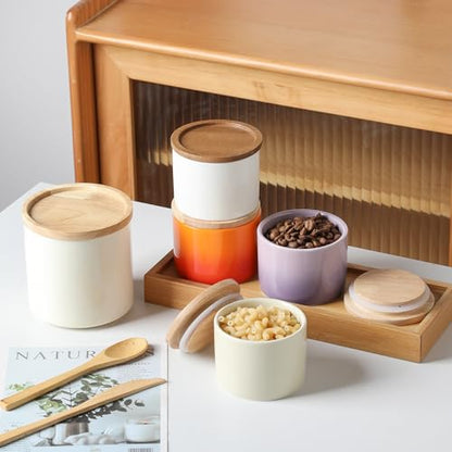 Sweejar Kitchen Canisters Ceramic Food Storage Jar, Stackable Containers with Airtight Seal Wooden Lid for Serving Ground Coffee, Tea, Sugar, Spice and More - 5 Fl Oz(Beige) - color: Beige, style: 5 Fl Oz (3.3"x2.6")