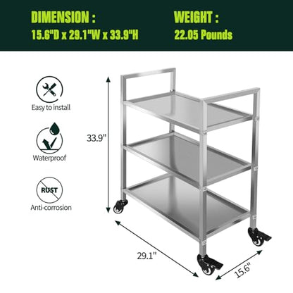 3 Shelf Stainless Steel Cart,400 Lbs,1MM Thick，Serving Cart with Wheels, Household, Service Trolley,360°Rotation Storage Shelf with Locking Wheels 29.5 * 15.7 * 37.4'' L*W*H