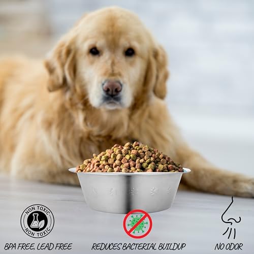 2-Pack Stainless Steel Dog Bowls, 9" Wide, 3" Height ~ Pet Food, Water Dish fits Raised Pet Feeder with Hole Width 8.3" to 8.7" - color: Double Pack, size: 8 cup (Embossed)