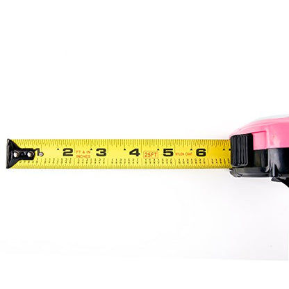 Apollo Tools Measuring Tape, 25 Foot Tape Measure with Retractable Blade, Fraction Markings, 1 Inch Nylon Blade, 8 Foot Standout, Lock Button and Belt Clip - Pink Ribbon - Pink - DT5002P - color: Red