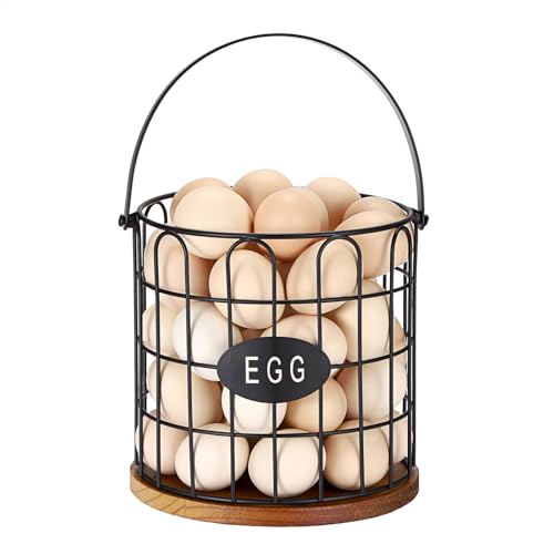 7'' Farmhouse Eggs Basket for Gathering Fresh Eggs, Countertop Egg Holder with Handle, Metal Wire Egg Baskets with Wooden Base for Coop Eggs Storage & Counter Decor(Style 1-Straight) - style: Style 1( Straight )