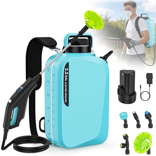 3.2Gal Battery Powered Backpack Sprayer, 12V Removable Battery Electric Sprayer, 3 Speeds Cordless Pump Sprayers with Digital Display & Charger, Heavy Duty for Farm, Orchard and Commercial Cleaning - color: Light Blue/12V/with battery