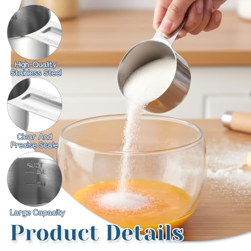 4Pcs 1 Cup 304 Stainless Steel Measuring Cup, 8 oz Metal Measuring Cups with Handle Measurings Spoons Heavy Duty Kitchen Cooking Gadgets Rice Measurings Cups for Wet/Dry Ingredients Baking
